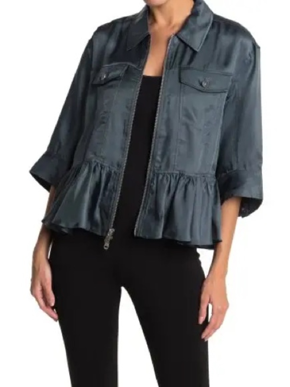 CINQ A SEPT Helene Short-Sleeve Cropped Peplum Jacket -Blue